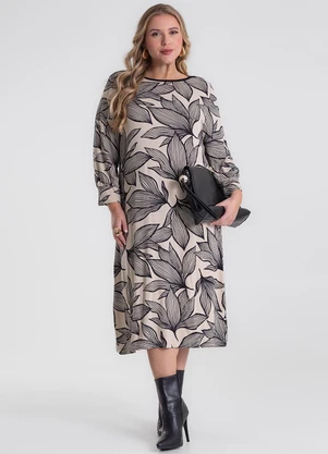 Secret Glam - Vestido Midi Plus Size Manga 7/8 Bege - SECRET GLAM