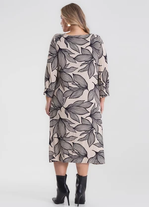 Secret Glam - Vestido Midi Plus Size Manga 7/8 Bege - SECRET GLAM