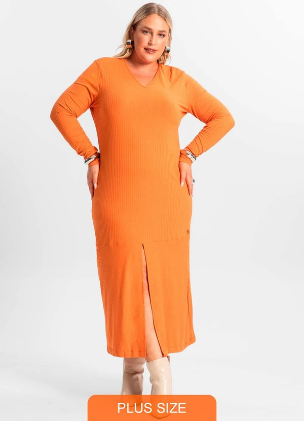 Secret Glam - Vestido Midi Plus Size Manga Longa Laranja