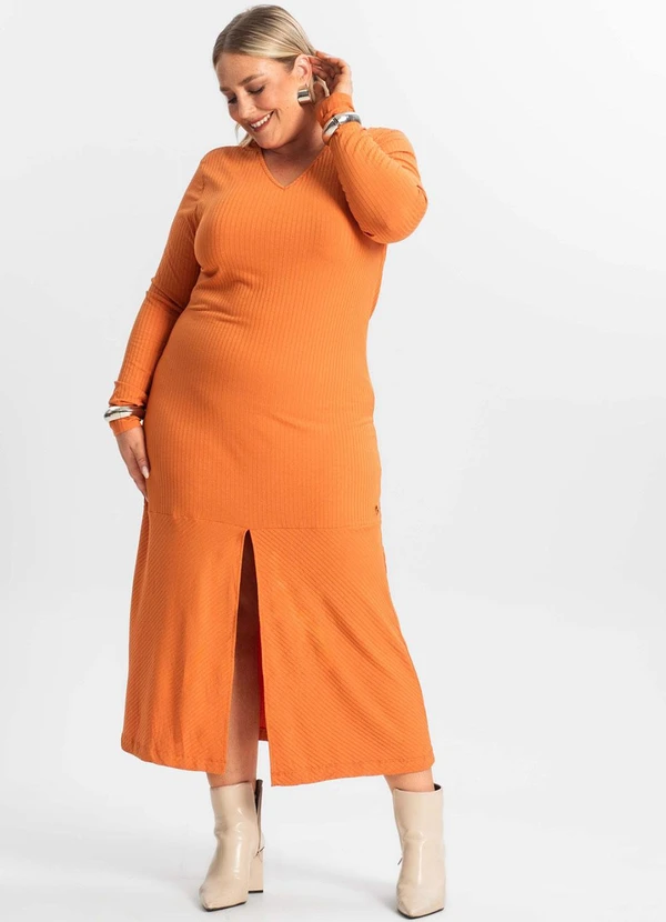Secret Glam - Vestido Midi Plus Size Manga Longa Laranja 3