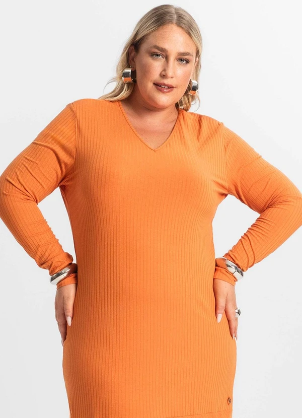 Secret Glam - Vestido Midi Plus Size Manga Longa Laranja 4
