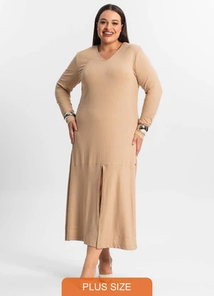 Secret Glam - Vestido Midi Plus Size Manga Longa Marrom - SECRET GLAM