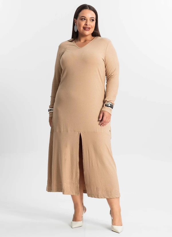 Secret Glam - Vestido Midi Plus Size Manga Longa Marrom 3