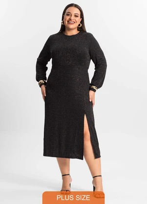 Secret Glam Vestido Midi Plus Size Manga Longa Preto
