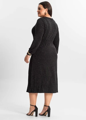 Secret Glam - Vestido Midi Plus Size Manga Longa Preto - SECRET GLAM