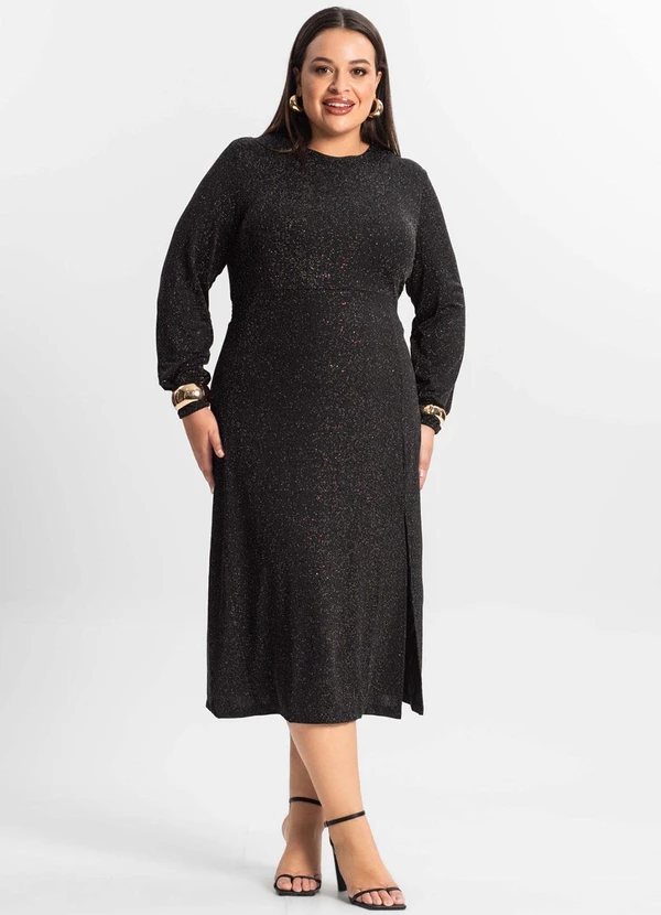Secret Glam - Vestido Midi Plus Size Manga Longa Preto 3