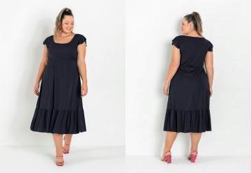 Vestido Midi Preto com Franzidos Plus Size