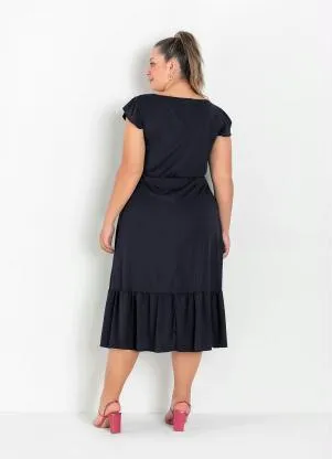 Marguerite - Vestido Midi Preto com Franzidos Plus Size - MARGUERITE
