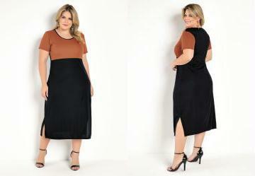 Vestido Midi Preto e Caramelo Fendas Plus Size
