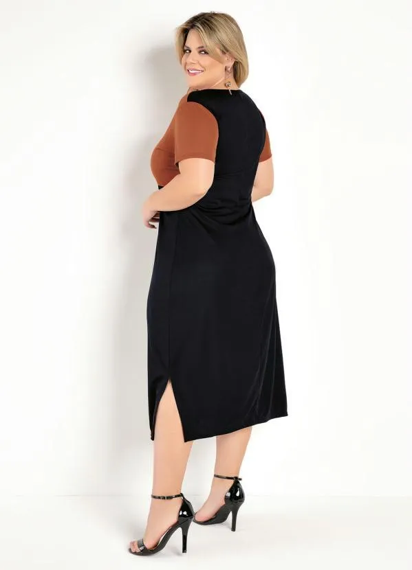 Marguerite - Vestido Midi Preto e Caramelo Fendas Plus Size 2