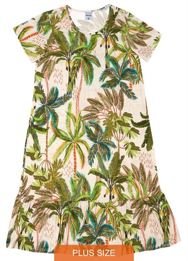 Malwee Plus - Vestido Mídi Tropical em Viscose Off White