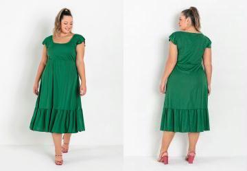 Vestido Midi Verde com Franzidos Plus Size