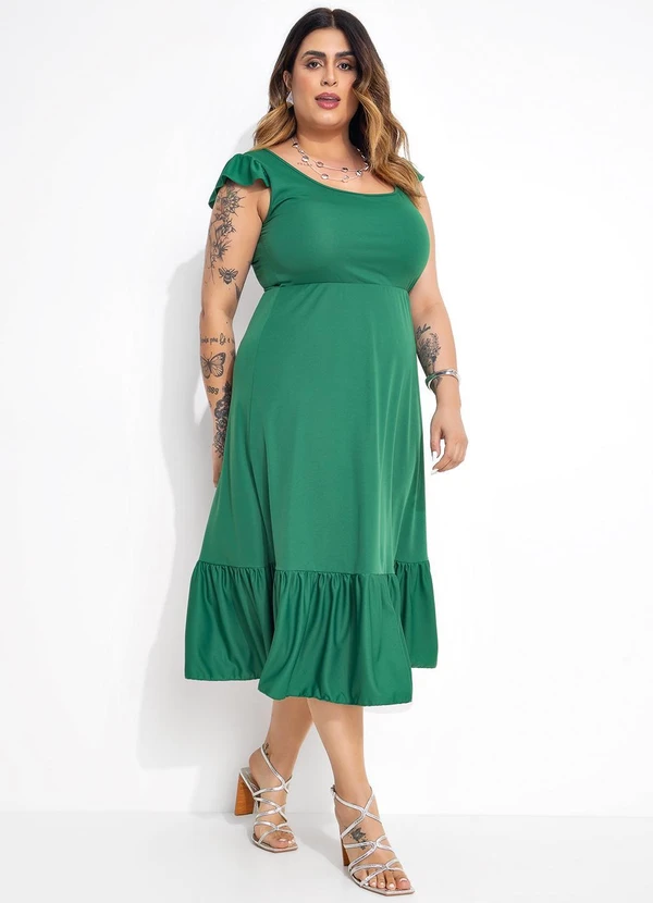 Marguerite - Vestido Midi Verde com Franzidos Plus Size
