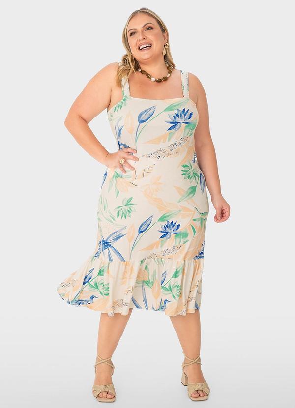 Malwee Plus - Vestido Off White Mídi Tropical