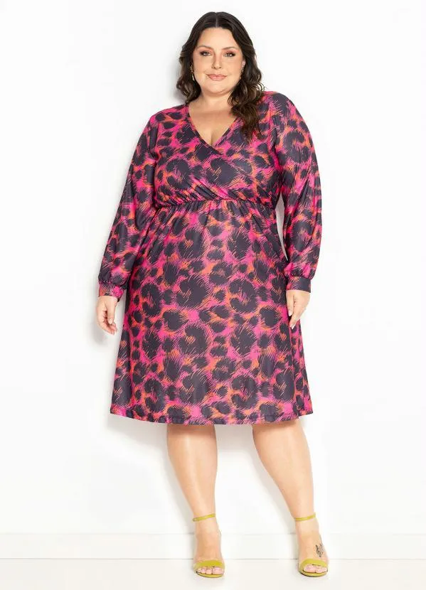 Marguerite - Vestido Onça Malha Crepe Transpassado Plus Size 4