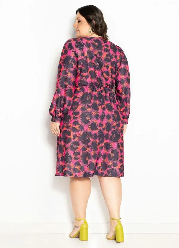 Marguerite - Vestido Onça Malha Crepe Transpassado Plus Size