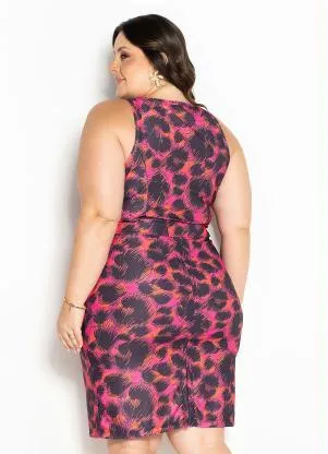 Marguerite - Vestido Onça Pink com Decote Quadrado Plus Size - MARGUERITE