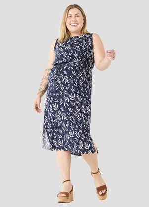 Cereja Rosa - Vestido Plus Size em Tecido Plano Azul - CEREJA ROSA