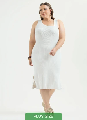 Cativa - Vestido Plus Size Midi Canelado Off White - CATIVA