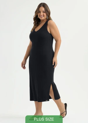 Cativa - Vestido Plus Size Midi Canelado Preto - CATIVA