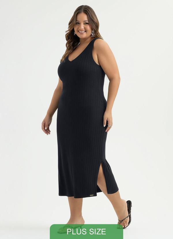 Cativa - Vestido Plus Size Midi Canelado Preto