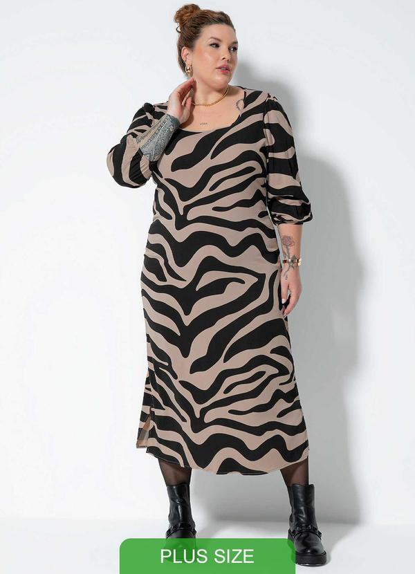 Cativa Plus Size - Vestido Plus Size Midi com Estampa Bege
