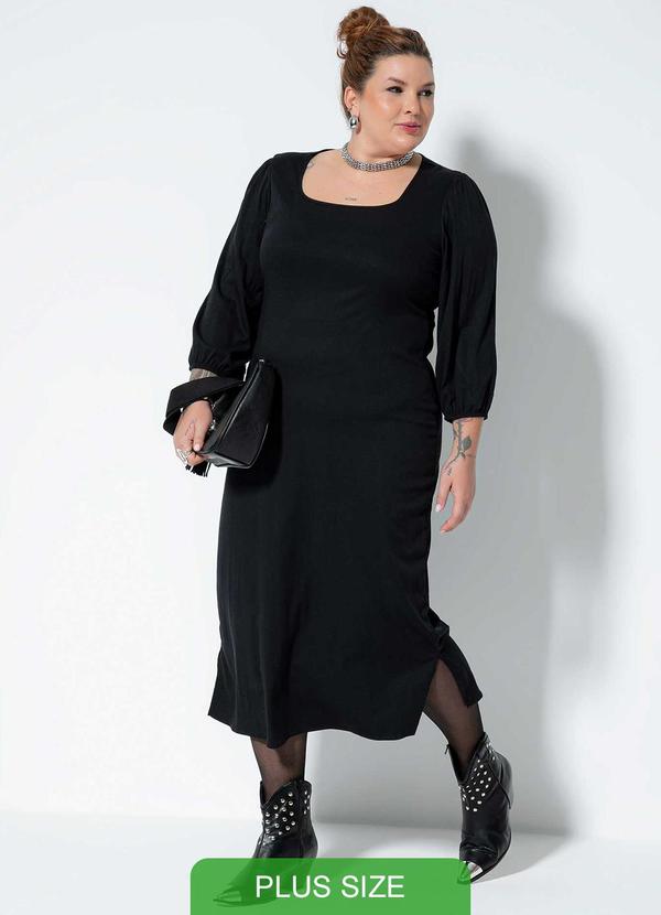 Cativa Plus Size - Vestido Plus Size Midi com Estampa Preto