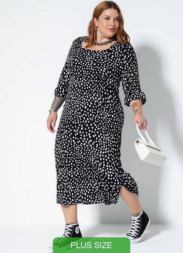 Cativa Plus Size - Vestido Plus Size Midi com Estampa Preto