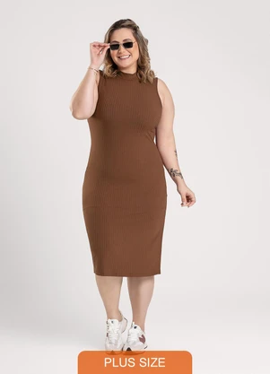 Cativa - Vestido Plus Size Midi em Canelado Marrom Escuro - CATIVA