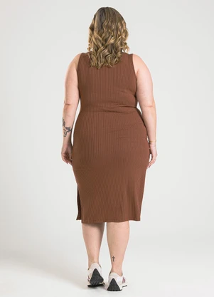 Cativa - Vestido Plus Size Midi em Canelado Marrom Escuro - CATIVA