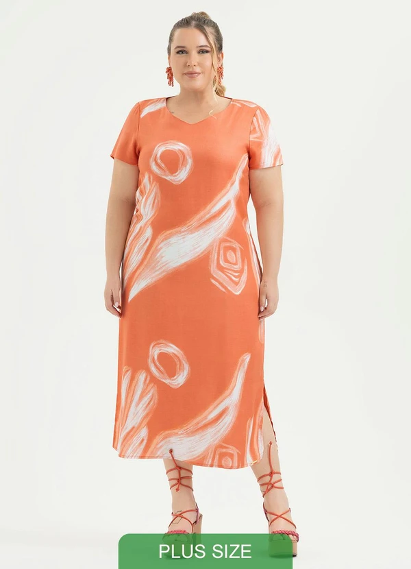 Cativa - Vestido Plus Size Midi em Viscose Laranja