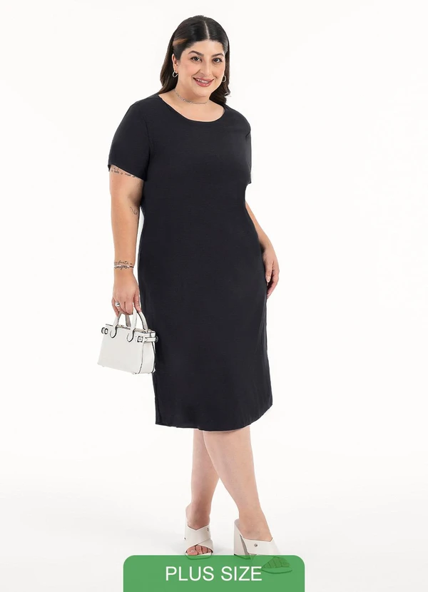 Habana - Vestido Plus Size Midi em Viscose Preto