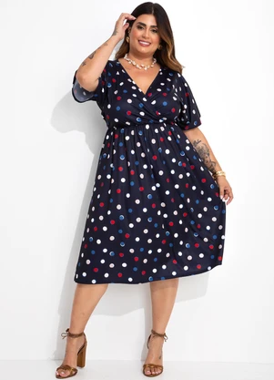 Marguerite - Vestido Poá Colorido Marinho em Jersey Acetinado - MARGUERITE