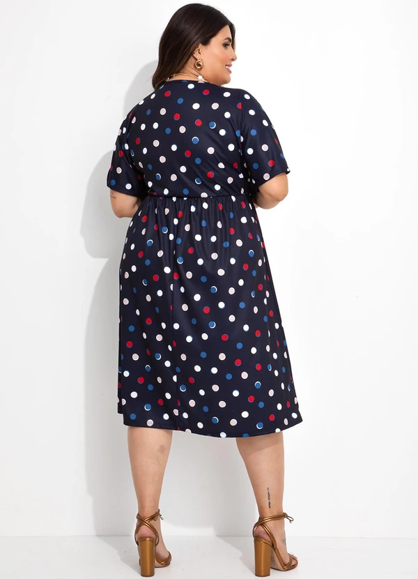 Marguerite - Vestido Poá Colorido Marinho em Jersey Acetinado 2