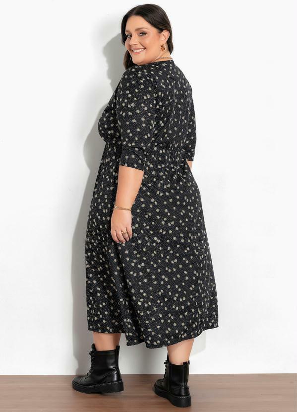 Marguerite - Vestido Poá Floral Preto Plus Size
