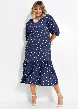 Marguerite - Vestido Poá Marinho em Poliflex - MARGUERITE