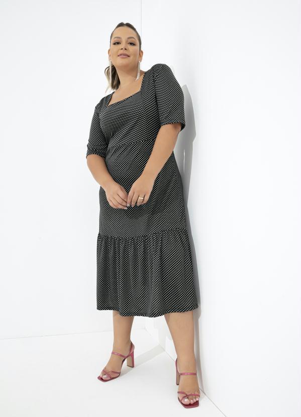 Marguerite - Vestido Poá Preto com Babado Plus Size