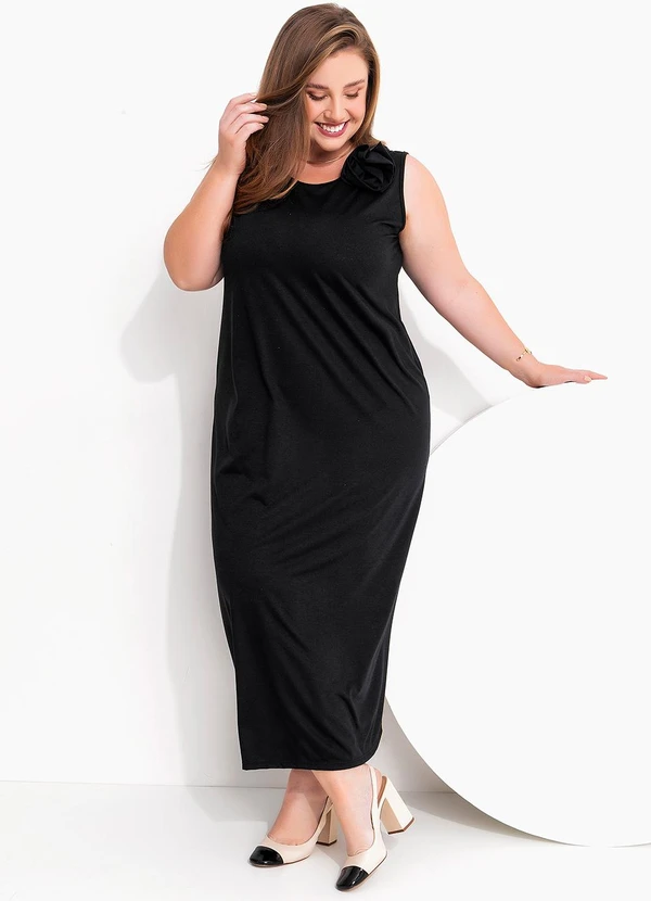 Marguerite - Vestido Preto com Aplique de Flor