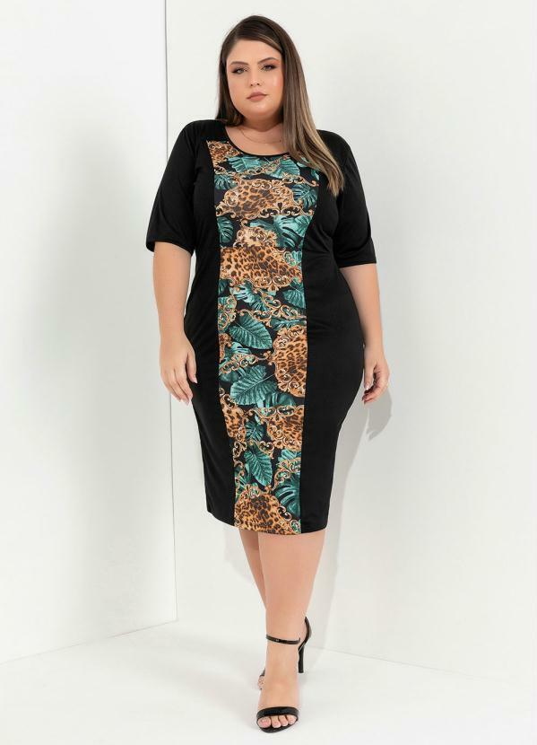 Marguerite - Vestido Preto com Recortes Estampados Plus Size