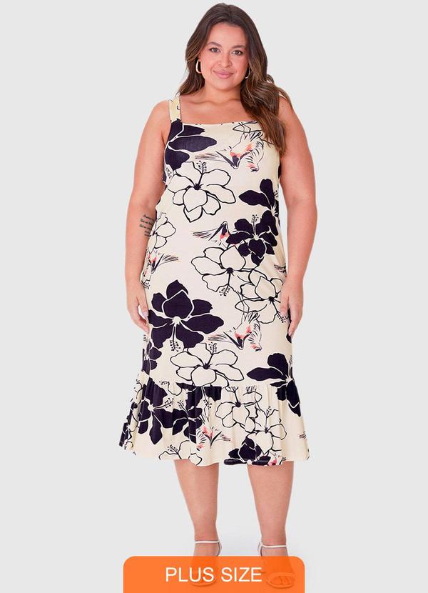 Malwee Plus - Vestido Preto Mídi Floral