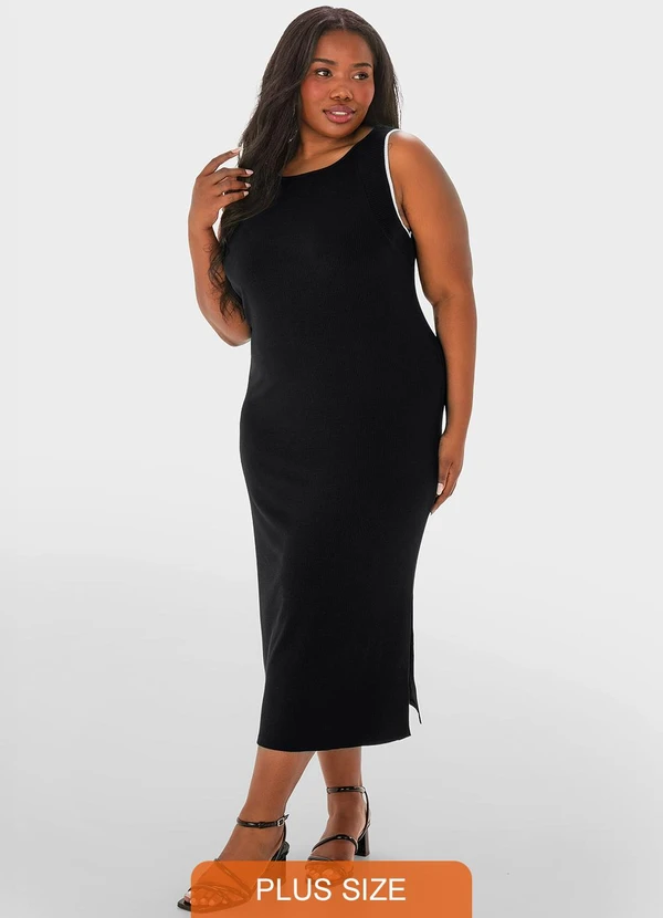 Malwee - Vestido Preto Midi Reto Canelado Mídi