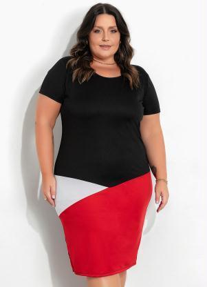Vestido (Preto) Recortes Contrastantes Plus Size