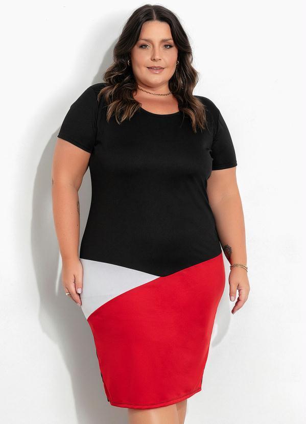 Vestido (Preto) Recortes Contrastantes Plus Size