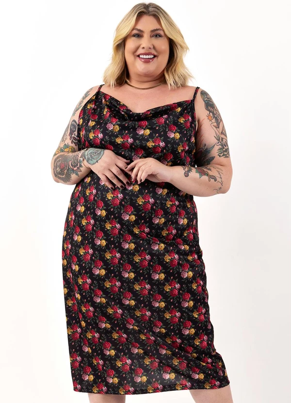 Marguerite - Vestido Rosas Preto em Jersey Acetinado