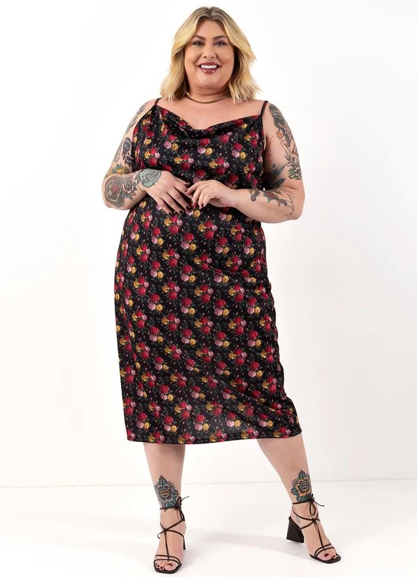 Marguerite - Vestido Rosas Preto em Jersey Acetinado 2