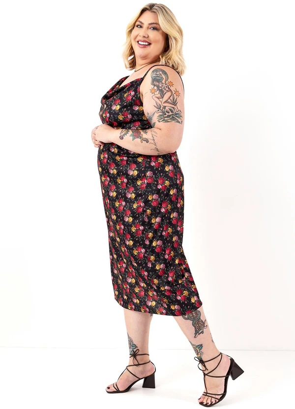 Marguerite - Vestido Rosas Preto em Jersey Acetinado 3