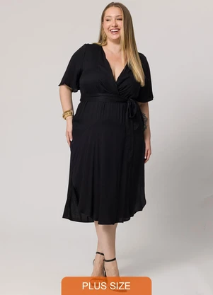 Lisamour - Vestido Transpassado Midi com Faixa Preto - LISAMOUR