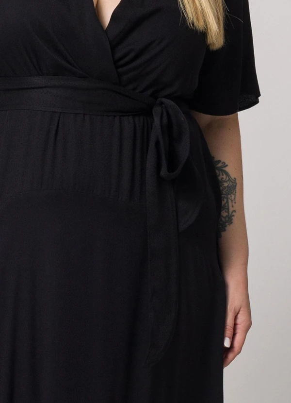 Lisamour - Vestido Transpassado Midi com Faixa Preto 2