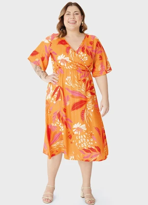 Malwee - Vestido Tropical Mídi Evasê com PlusLaranja - MALWEE