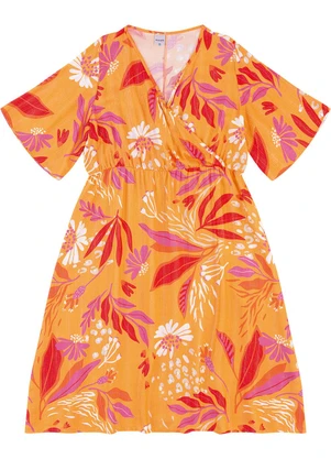 Malwee - Vestido Tropical Mídi Evasê com PlusLaranja - MALWEE